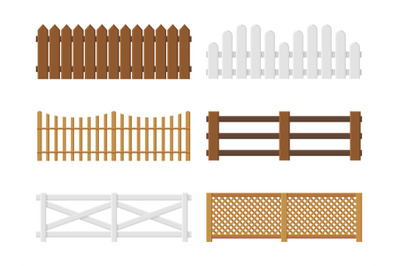 Wooden fences. Flat farm barriers and border walls. Country planks fen