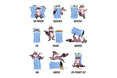 English prepositions. Funny raccoon and garbage can, language vocabula