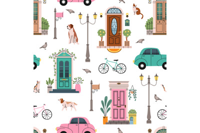 Seamless pattern front doors. House facade entrances&2C; old main porches