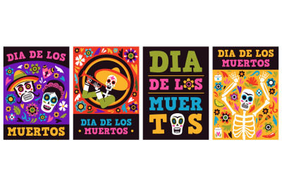 Mexican holiday set. Color dead day party invitation posters with funn