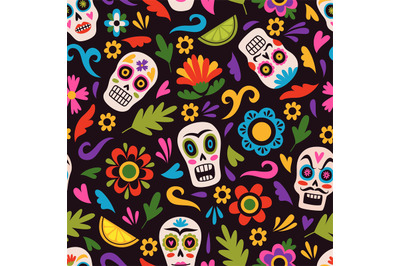 Seamless pattern mexican holiday. Traditional sugar skulls on floral b