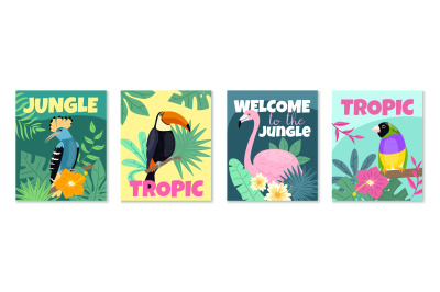 Tropical birds posters. Bright colors mini banners, exotic hawaiian fa