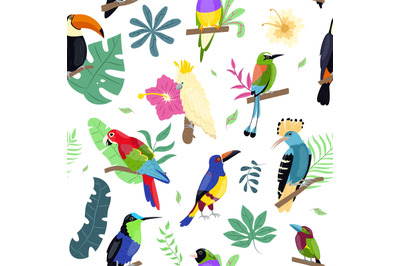 Seamless pattern exotic birds. Tropical flora and fauna, bright big pa