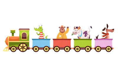 Animals wagon. Happy crocodile and bear, cow and dog ride in colorful