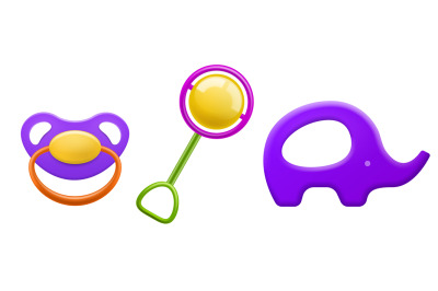 Baby toys. Rattle and pacifier. Toddler chewing teether. Kids purple r