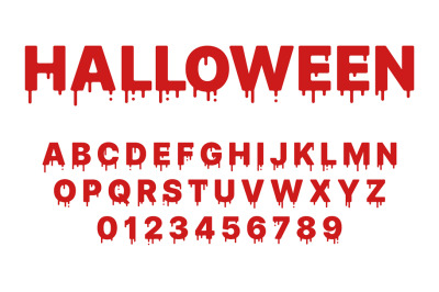 Blood halloween font. Red paint liquid&2C; flowing english alphabet with