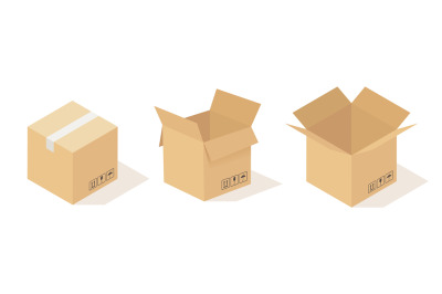 Boxes carton. Opened and closed cardboard box, beige delivery packagin