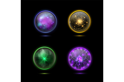 Crystal magical orbs. Glowing energy sphere and shiny lightning. Spiri