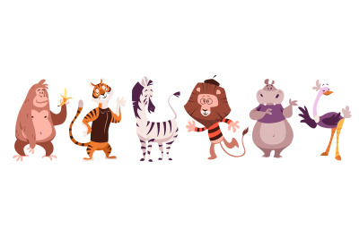 Exotic animals. Jungle monkey and tiger, zebra and lion, hippo and ost