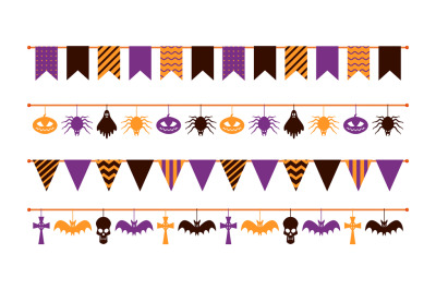 Halloween garland. Colorful flat flags different forms, paper pumpkin