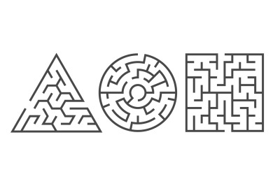 Labyrinth. Maze game in different graphic shapes. Black line abstract