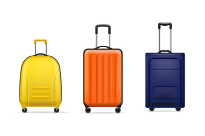 Realistic luggage bags. Modern travel plastic bags different forms and