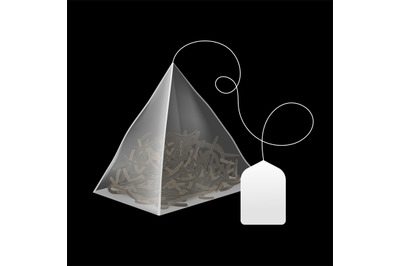 Realistic tea bag. Pyramid sachet with blank paper label&2C; disposable b