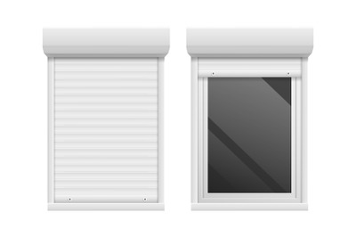 Rolling shutters. Roller blind windows metal frame. Open and closed ja