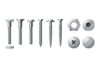 Screws metal. Bolt screw nut rivet. Realistic self-tapping bolts isola