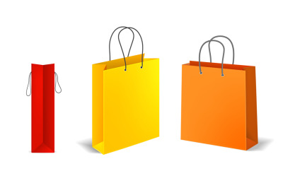 Shopping bags. Empty color paper handbag, fashion square packages with