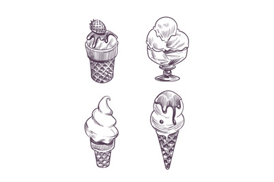 Sketch style ice cream. Retro waffles cone and frozen creamy desserts