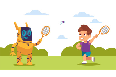 Game with artificial intelligence. Sport tournament. Cartoon boy play