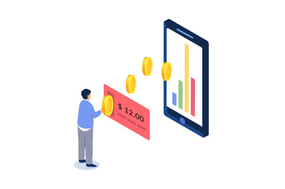 Adding funds account. Man transfers money to bank deposit. Digital pay