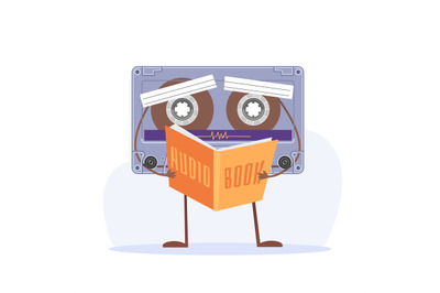 Audiobook. Cartoon cassette mascot holding book. Funny character readi