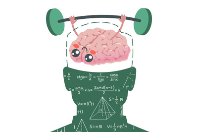 Brain pumping. Mind organ mascot lifting dumbbell. Human head silhouet