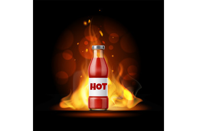 Burning hot sauce. Realistic spicy ketchup banner. Flaming condiment b