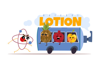 Cosmetics parabens free. Natural lotion. Cartoon bottle bus with fruit