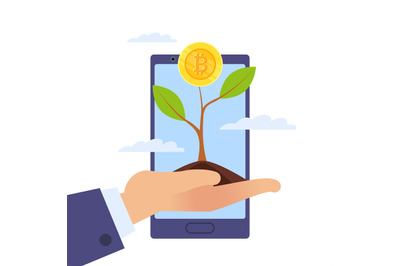 Development, growth of Bitcoin. Growing tree and hand with golden coin