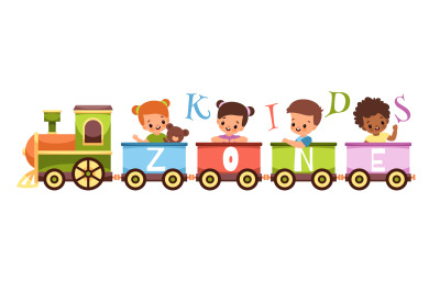 Kids zone wagon. Happy children carriages ride in train&2C; little passen