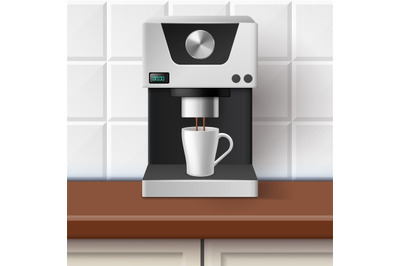 Realistic coffee machine. Household appliance pours caffeine drink int