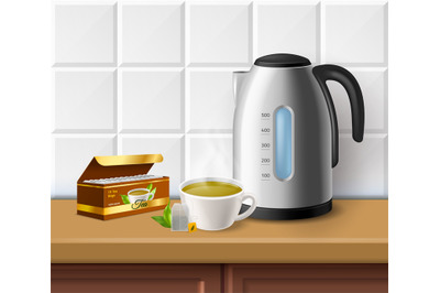 Realistic tea. Hot drink preparation. Household electric kettle. Teaba