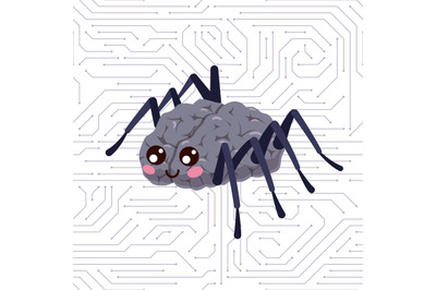Spider brain. Mind organ with insect paws and smiling face. Hacker mas