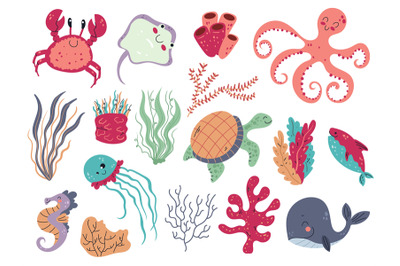 Coral and seaweed. Underwater flora and fauna, cute sea animals, ocean