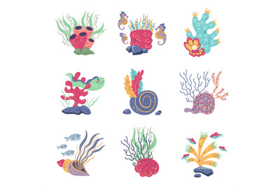 Underwater plants compositions. Cartoon kids sea elements, aquarium se