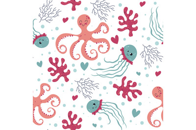 Seamless pattern sea world. Marine animals, corals and algae, kids oct