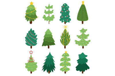 Christmas trees. Cute cartoon xmas elements, different design fir-tree