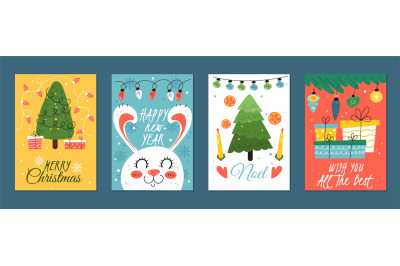 Christmas greeting cards. Holiday new year posters, cartoon xmas eleme