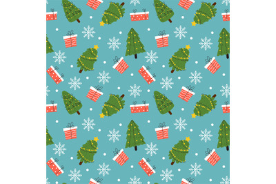 Christmas seamless pattern. Cute xmas different trees with decorations