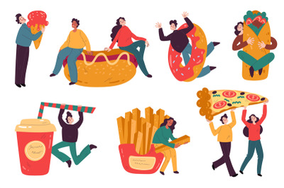 People with fast food. Happy characters holding hot dog and donut. Fre