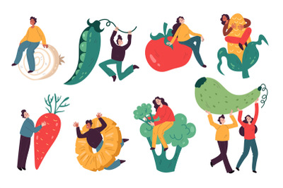 People with vegetables and fruits. Tiny persons with big agriculture f