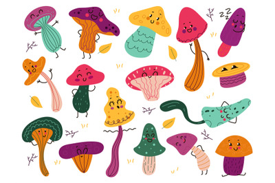 Cute mushrooms characters. Funny cartoon forest fungus, fairytale anth