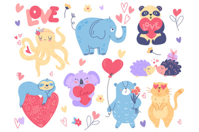 Valentines day animals. Cute kids animals with hearts&2C; funny character