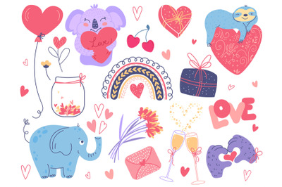 Valentine day cute elements. Animals with love symbols, red hearts, fl