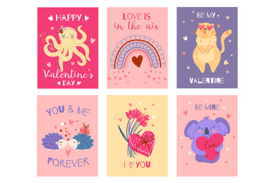 Valentine day animals cards. Cute romantic characters&2C; hearts valentin