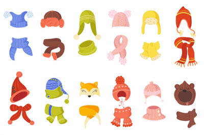 Winter kids hats. Funny children winter kits, cartoon style, knitted s