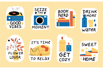 Cozy stickers. Comfort home labels&2C; cute motivational quotes&2C; room obj