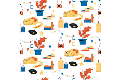 Cozy home objects seamless pattern. Comfort room elements and Scandina