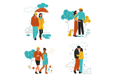 Couple various weather. Walking in different seasons, guy with girl in