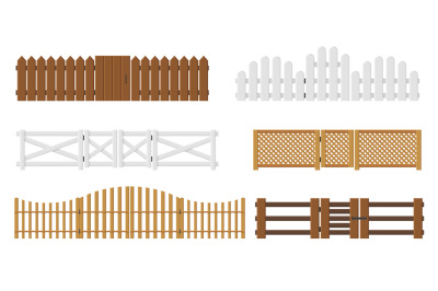 Fences with gates. Wooden enclosing planks and lattices. Yards barrier