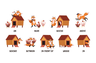 Learning english prepositions. Fox with chicken coop scenes, children